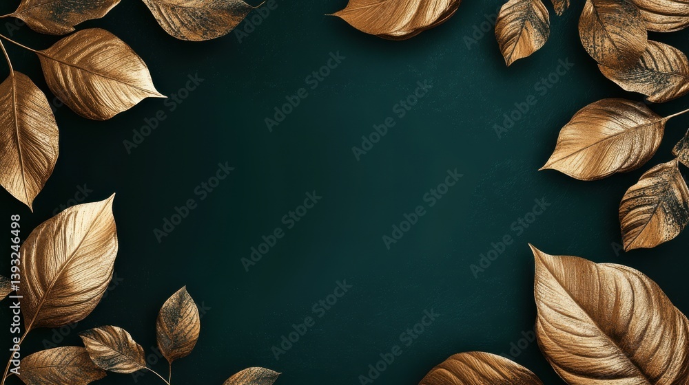 Poster elegant frame with golden foil leaves on deep emerald background, combining luxury, contrast and shi