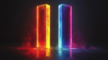 Two glowing, rectangular prisms, one red, one blue, on a dark surface, creating a vibrant contrast