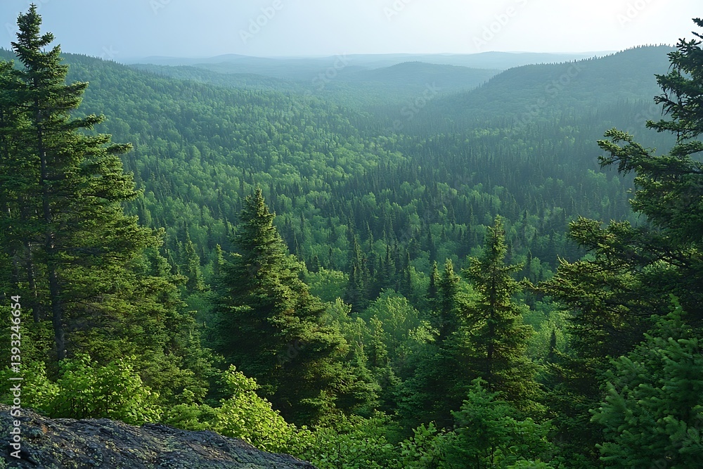 Poster lush green forest landscape serene mountain view of evergreen trees in a peaceful wilderness setting