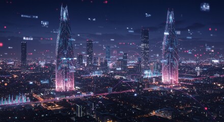 Obraz premium Futuristic Cityscape at Night - Stunning aerial view of a modern city at night, illuminated with vibrant lights and data streams