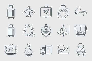 Set Of Linear Icons Representing Travel And Transportation Themes