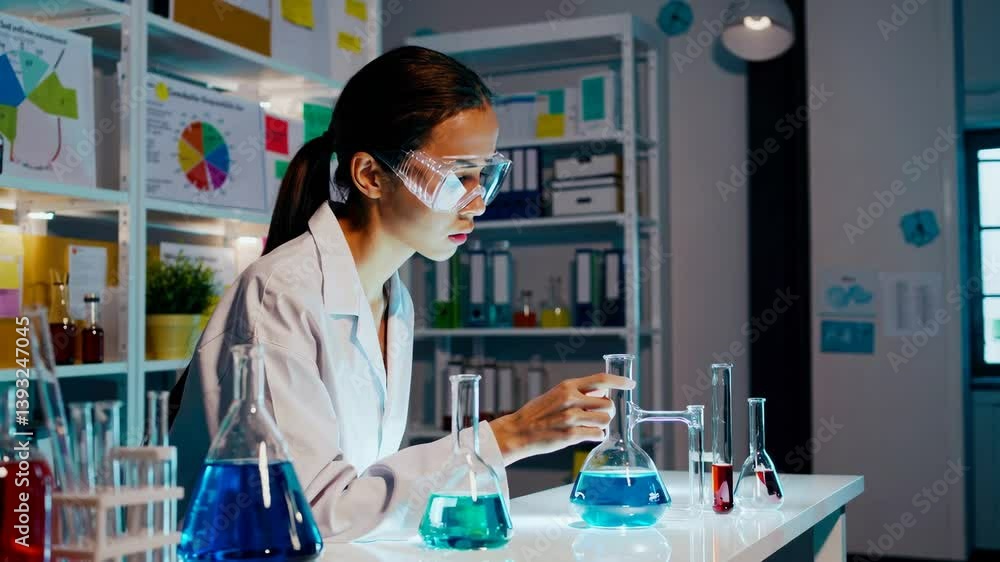 Poster scientist conducting experiment in modern lab with focus on chemical reactions and data analysis