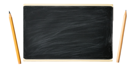 Black chalkboard with wooden frame and pencils on sides, cut out transparent