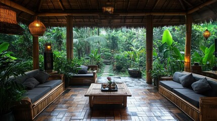 Obraz premium Tranquil bamboo lounge area with lush garden views