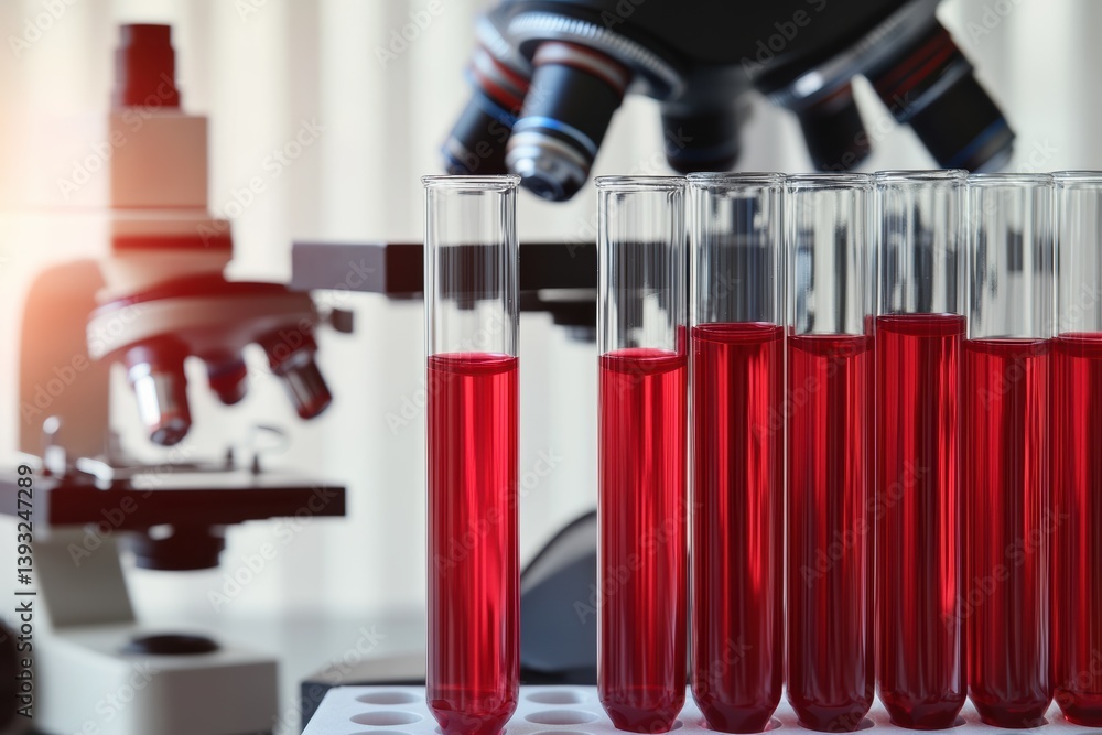 Poster close-up view of red liquid filled test tubes beside a laboratory microscope in research setting
