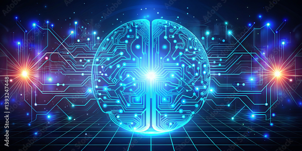 Poster a glowing digital brain surrounded by intricate circuits and bright lights represents the fusion of 