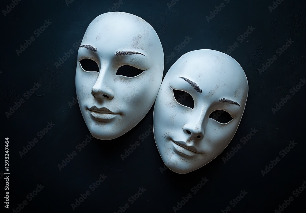 Poster Intriguing white masks with subtle textures creating a striking contrast on dark background : Generative AI