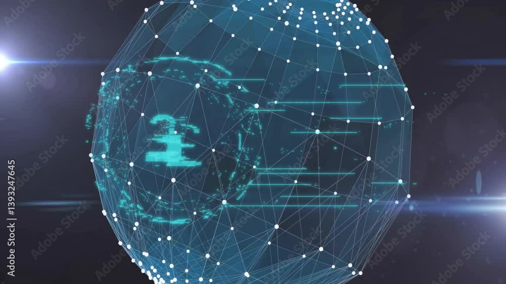 Poster digital globe showing network connections with animated currency symbols floating