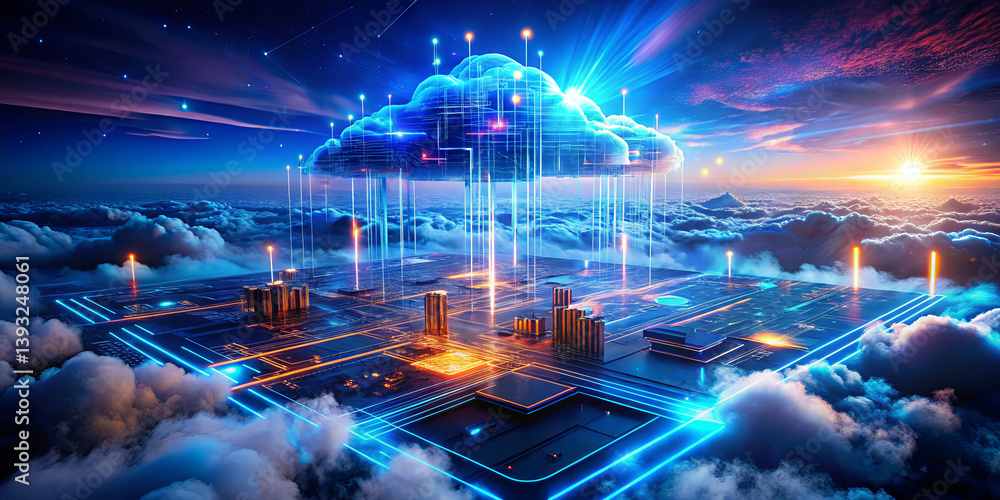 Poster a stunning digital rendering showcases a cloud computing scene filled with bright lights and abstrac