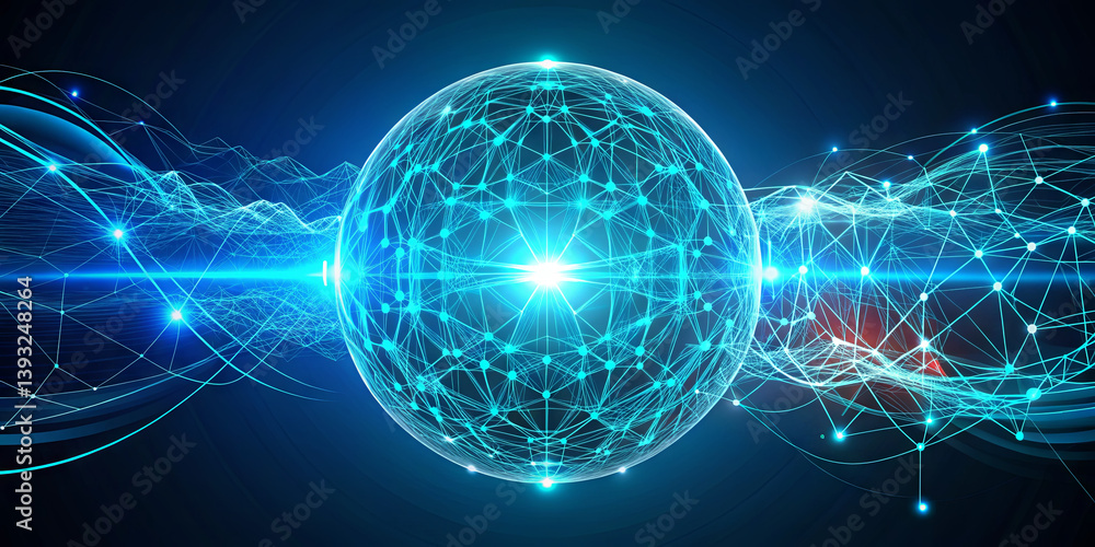 Poster a glowing sphere is at the center, surrounded by intricate lines and waves of light, illustrating ad
