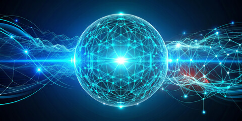 Obraz premium A glowing sphere is at the center, surrounded by intricate lines and waves of light, illustrating advanced technology and connectivity. The background displays a deep, ethereal blue