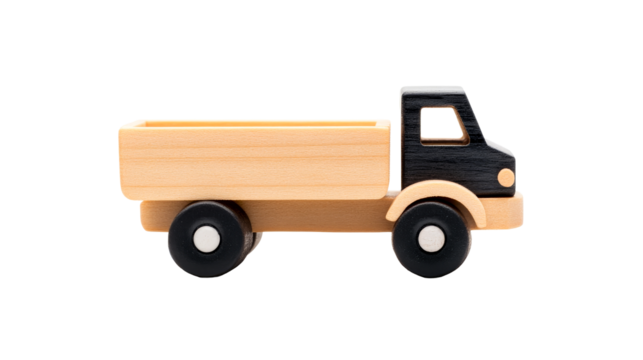 Wooden toy truck model in black and wood design, cut out transparent