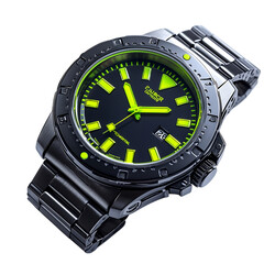 Oversized Titanium Diving Watch with Bold Black Dial and Green Glow Isolated on Transparent Background