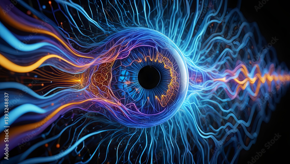 Poster a captivating eye design pulsates with bright energy lines in various hues, showcasing the connectio