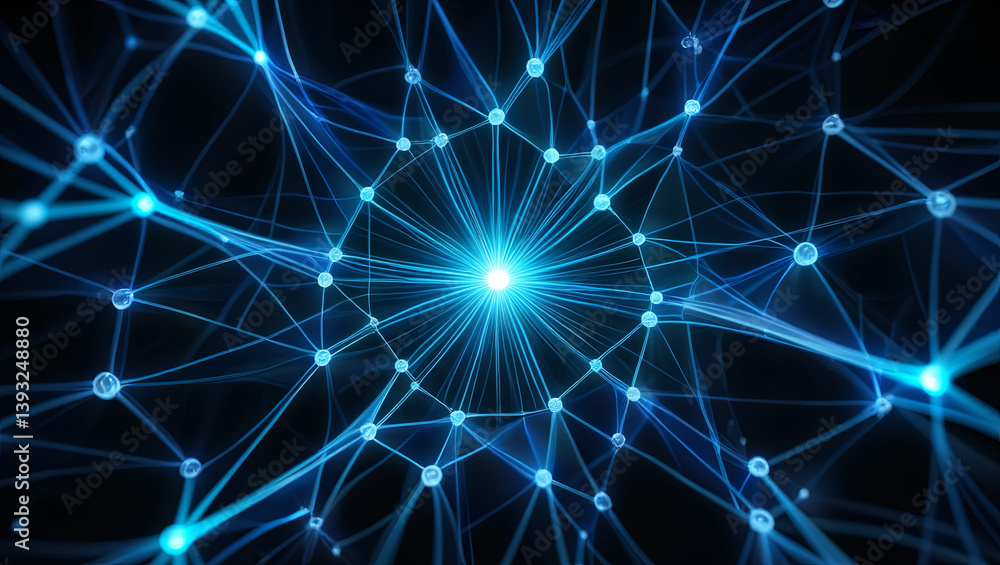 Poster this visual showcases a vibrant, interconnected network of blue lines and nodes, highlighting data m