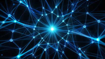 This visual showcases a vibrant, interconnected network of blue lines and nodes, highlighting data movement and digital connections in a modern, abstract setting