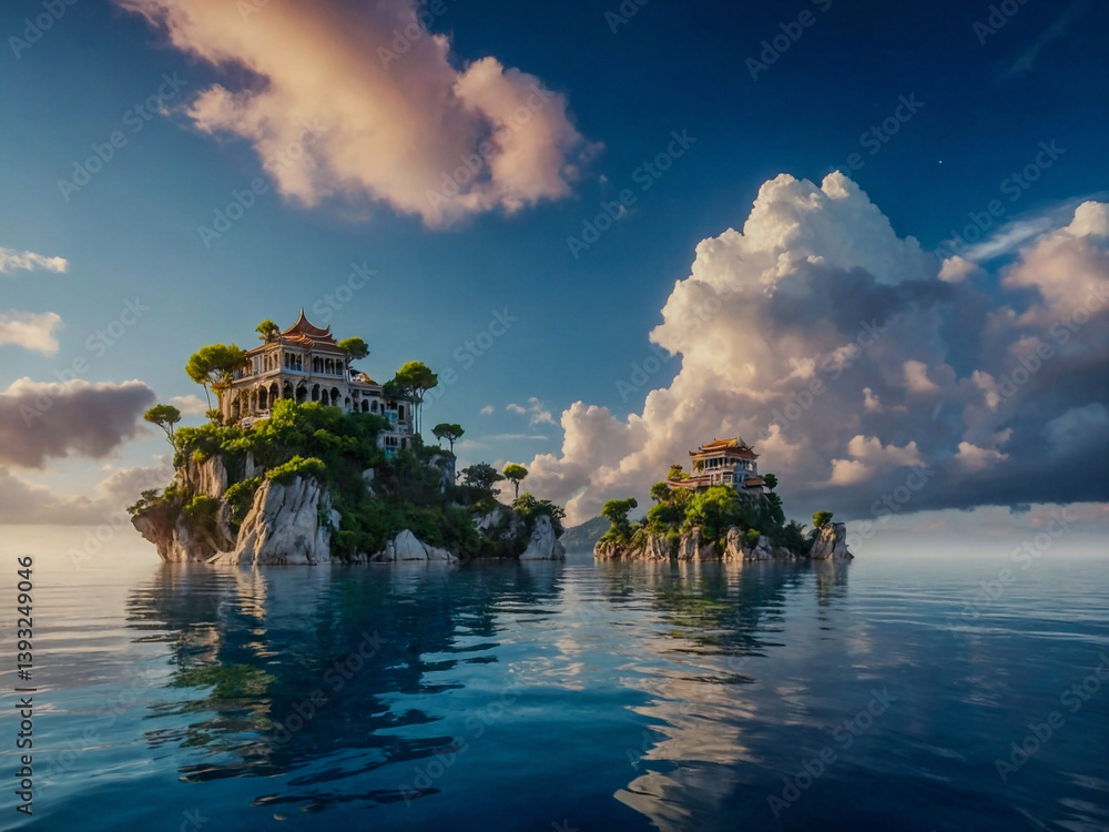 Aufkleber floating islands with vibrant clouds and serene architecture in the sky.