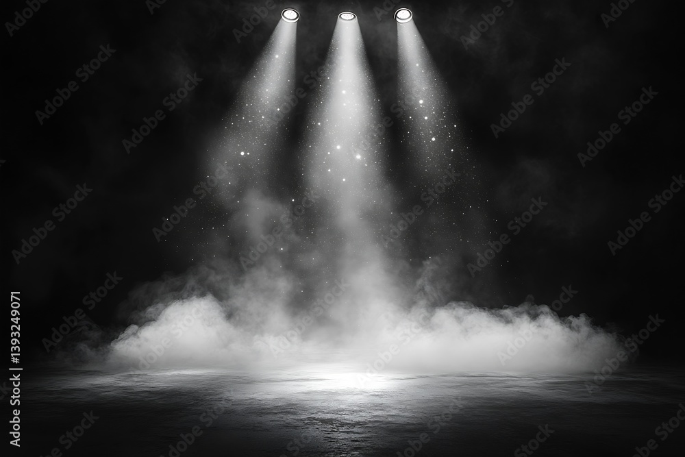 Poster mysterious black and white stage with spotlights and fog creative arts performance venue background 