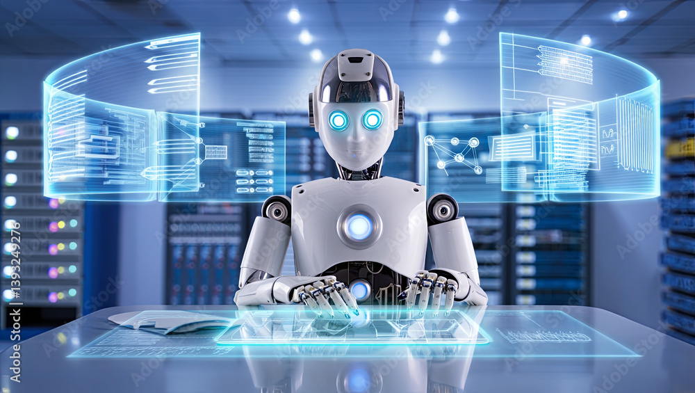 Poster a humanoid robot interacts with a transparent display, analyzing information in a modern laboratory 