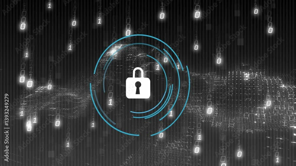 Poster digital network security concept with animation of lock icon and binary code