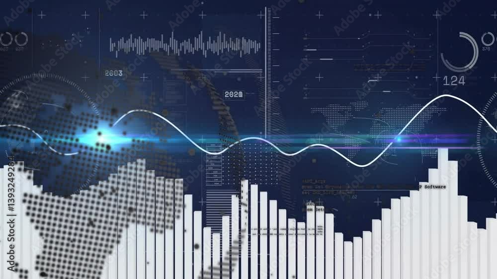 Poster animation of digital data visualization with bar graphs over world map background