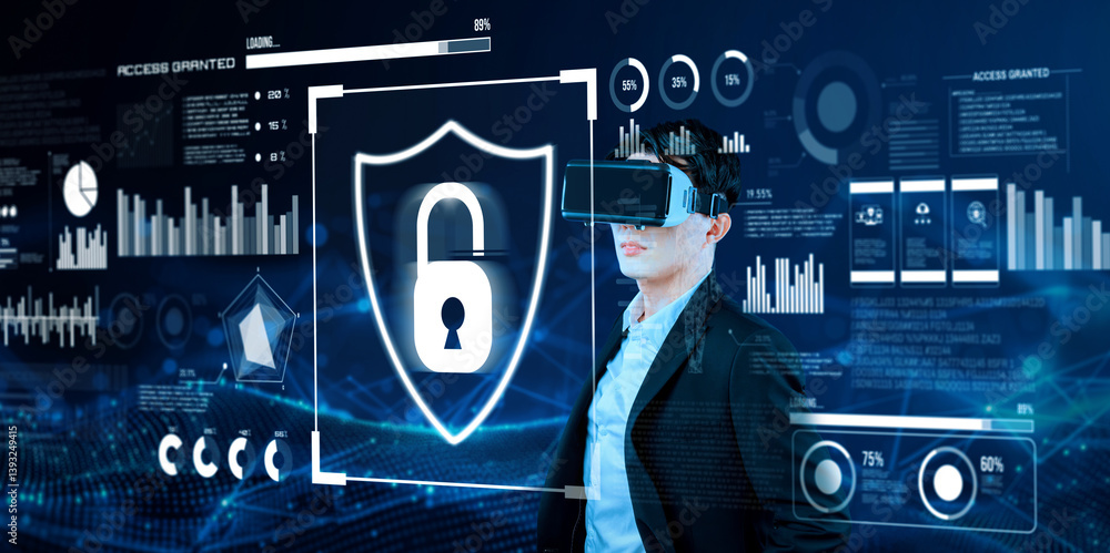 Poster smart business man connecting at global network by using vr glasses. project manager accessing big d