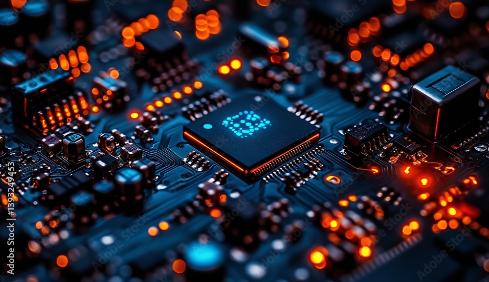 Poster Illuminated view of a circuit board featuring microchips under striking blue and red lights : Generative AI