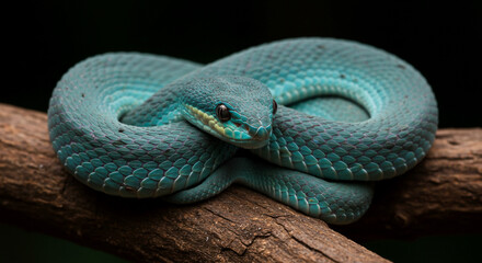 Fototapeta premium A mesmerizing turquoise viper, coiled elegantly on dark wood, a captivating portrait of nature's artistry in striking detail.
