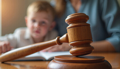 Wooden gavel symbolizing justice with blurred child in background, child protection