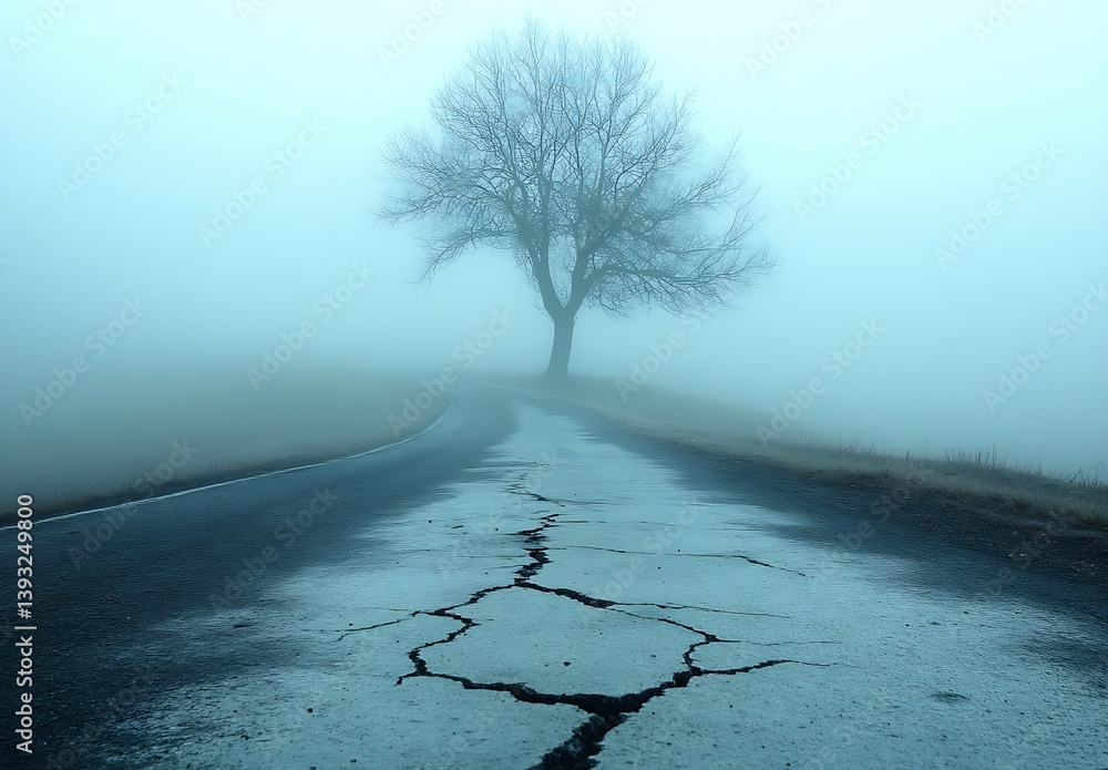 Poster foggy winding road highlighting a solitary tree creating a hauntingly beautiful scene : generative a