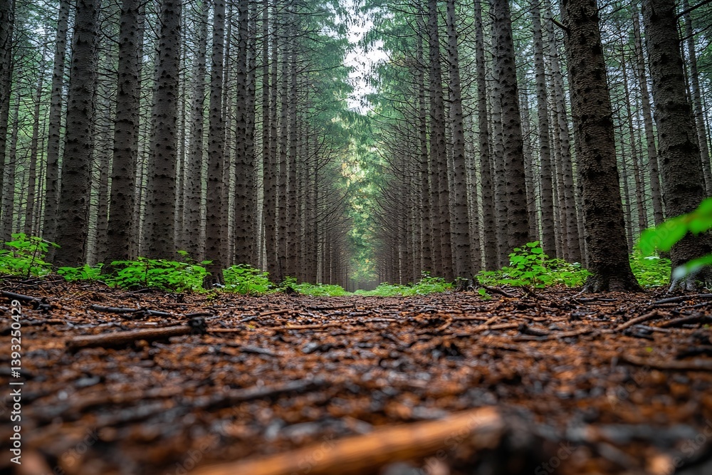 Poster lush green forest trees landscape view nature scenery background pine tree trunks woodland environme