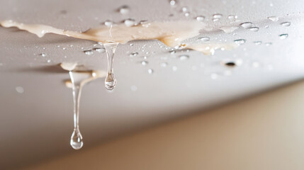 Water stains have formed on the ceiling with moisture dripping down in a home setting. The condition highlights potential plumbing or roof issues needing urgent attention