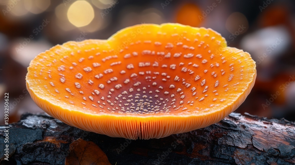 Poster close-up of vibrant orange mushroom. detailed view of its textured cap and underside, resting on a l