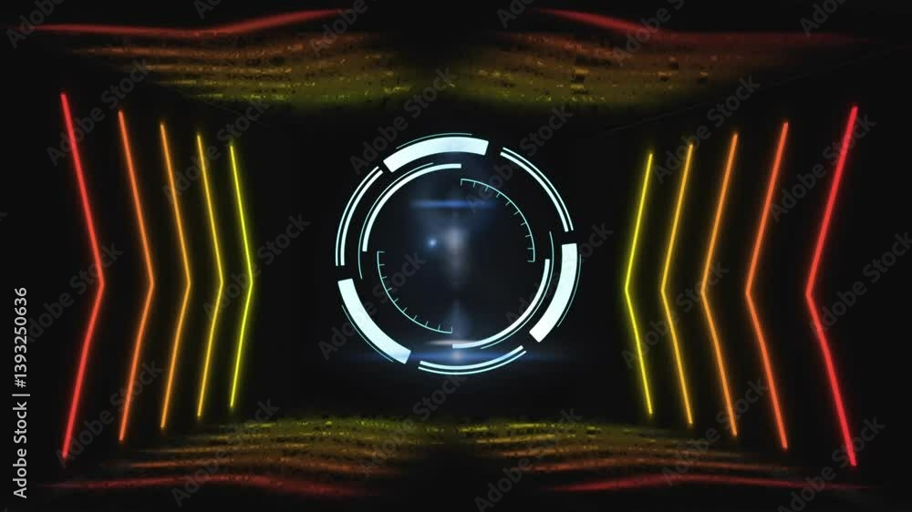 Poster glowing circular elements and colorful light patterns in futuristic digital animation