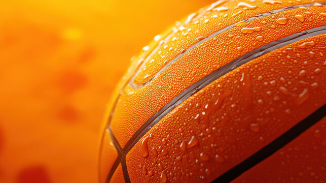 A vibrant basketball glistens with water droplets against a warm orange background, showcasing its texture and the intensity of a training session. The warm light enhances the focus on the ball - Powered by Adobe