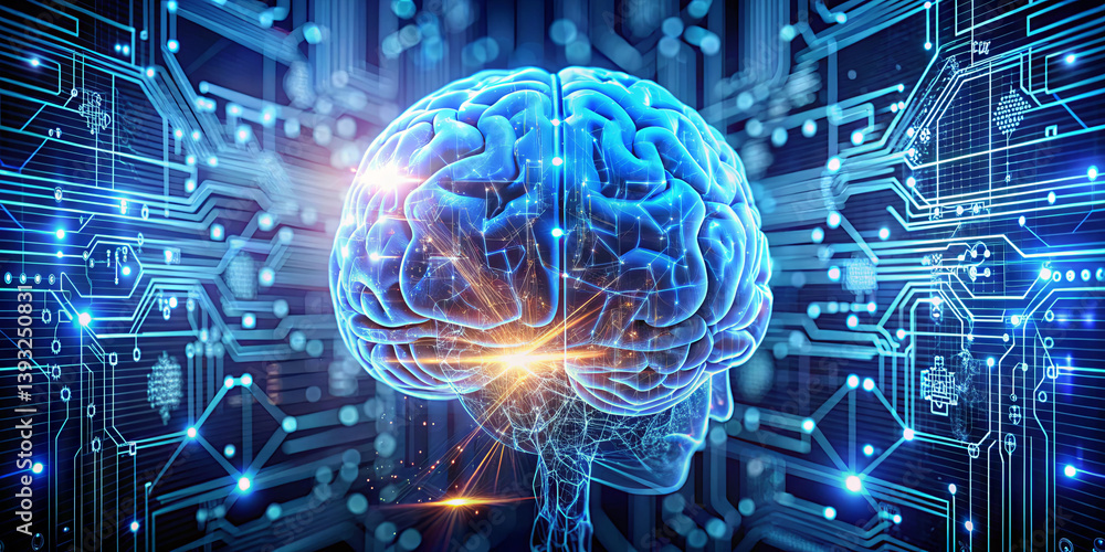 Poster a digital representation of a brain surrounded by intricate circuitry, embodying the fusion of techn