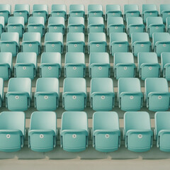 Naklejka premium Symmetrical rows of empty turquoise stadium seats in bright light, generative AI