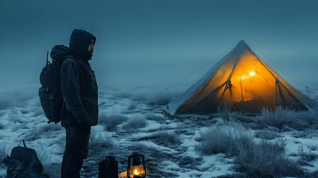 Embarking on a Solitary Adventure Amidst a Snowy, Serene Landscape A Cozy Tent Beneath the Starry Night Sky
