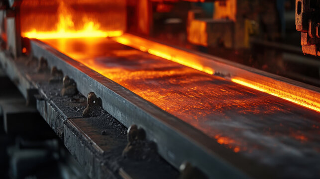 Hot molten metal is poured onto a conveyor belt in a factory setting, illuminating the area with orange glow as it solidifies. The scene showcases industrial steel production at dusk