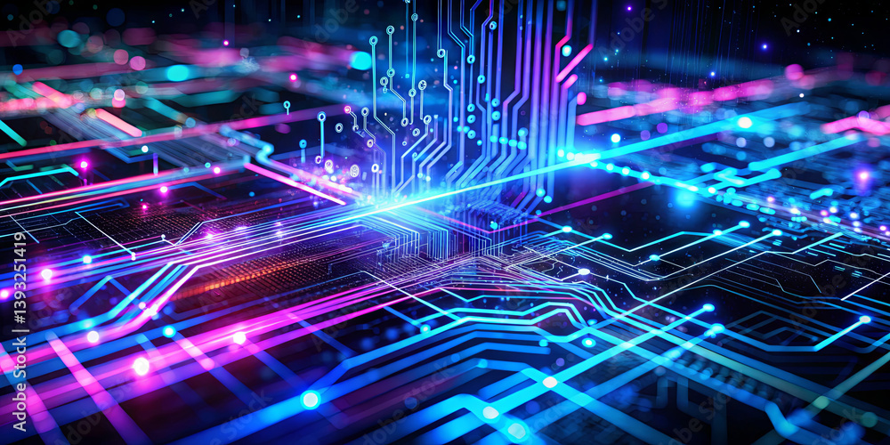Poster bright neon lights illuminate a detailed circuit board design featuring complex pathways and connect