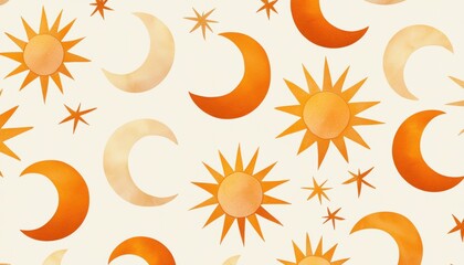 Obraz premium Seamless pattern of hand-drawn crescent suns, subtle shadow lines, and warm pastel summer skies, capturing a minimalist and elegant celestial summer mood - elegant peaceful