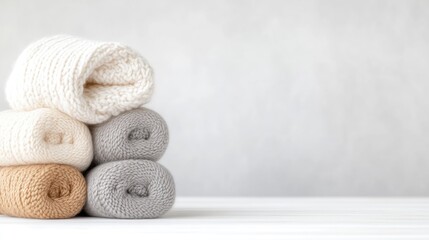 Rolled knitted blankets in neutral tones stacked on a clean white surface, minimalist interior design concept, and soft and cozy textures.
