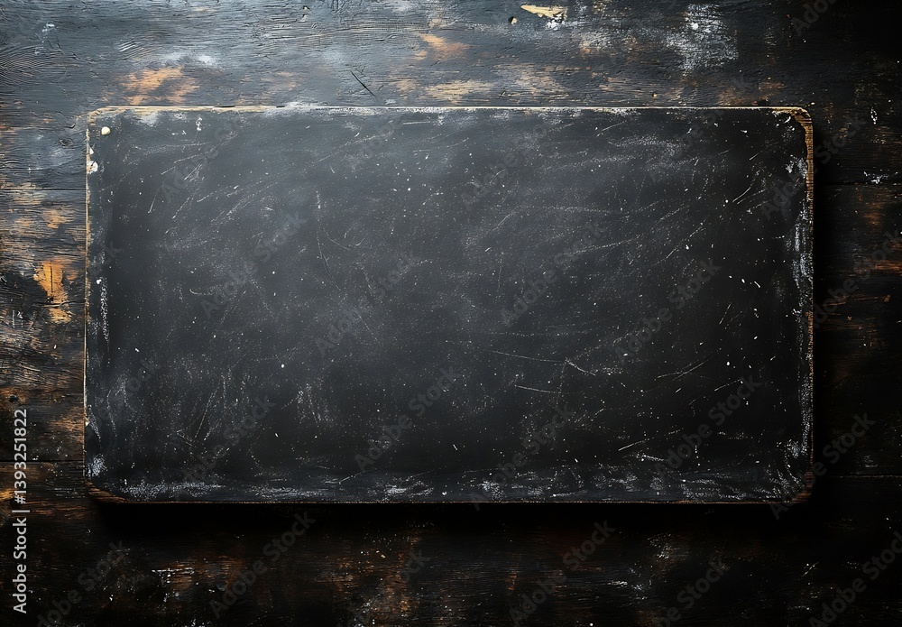 Poster rustic black chalkboard on dark wood surface with grunge texture for presentation and creative displ