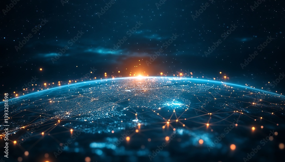 Poster Global Connection Network Technology Visualization with Light Trails Digital Communication Data Exchange Earth Futuristic Overview : Generative AI