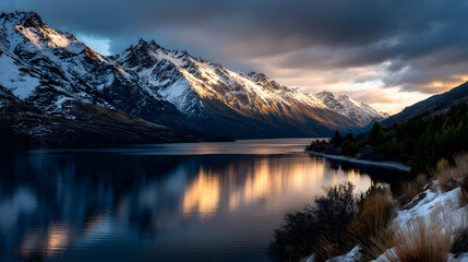 The sun sinks behind snow-covered mountain peaks, casting long shadows and bathing the valley in a soft golden light that mirrors in the lake.