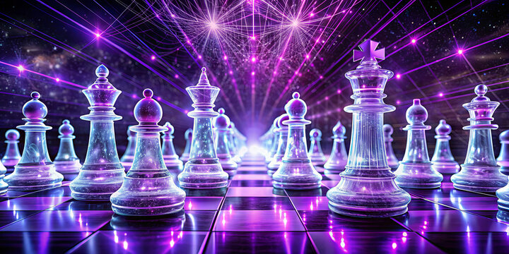 A chess game unfolds in a vibrant, futuristic environment filled with neon lights and glowing pieces. The cosmic backdrop enhances the intense atmosphere of strategic play