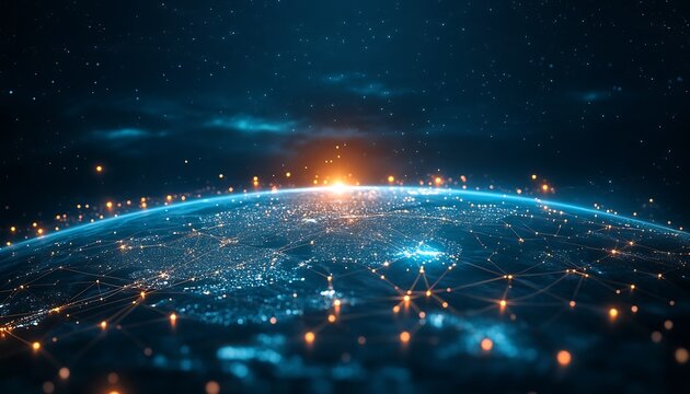 Global Connection Network Technology Visualization with Light Trails Digital Communication Data Exchange Earth Futuristic Overview : Generative AI