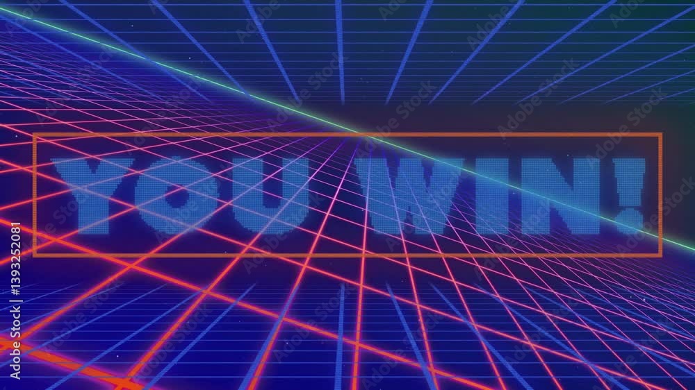 Poster glowing text you win! on retro grid background with animation effect