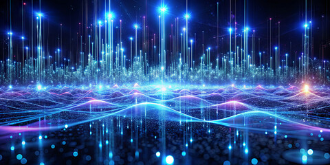 Obraz premium Bright, colorful light waves ripple across a dark surface, with sparkling particles rising into the air, creating a stunning visual effect reminiscent of a digital dreamscape