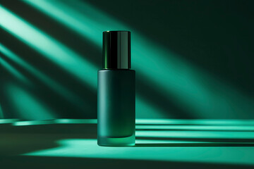 Elegant green glass bottle with silver cap displayed against a dark background highlighting soft shadows and light rays